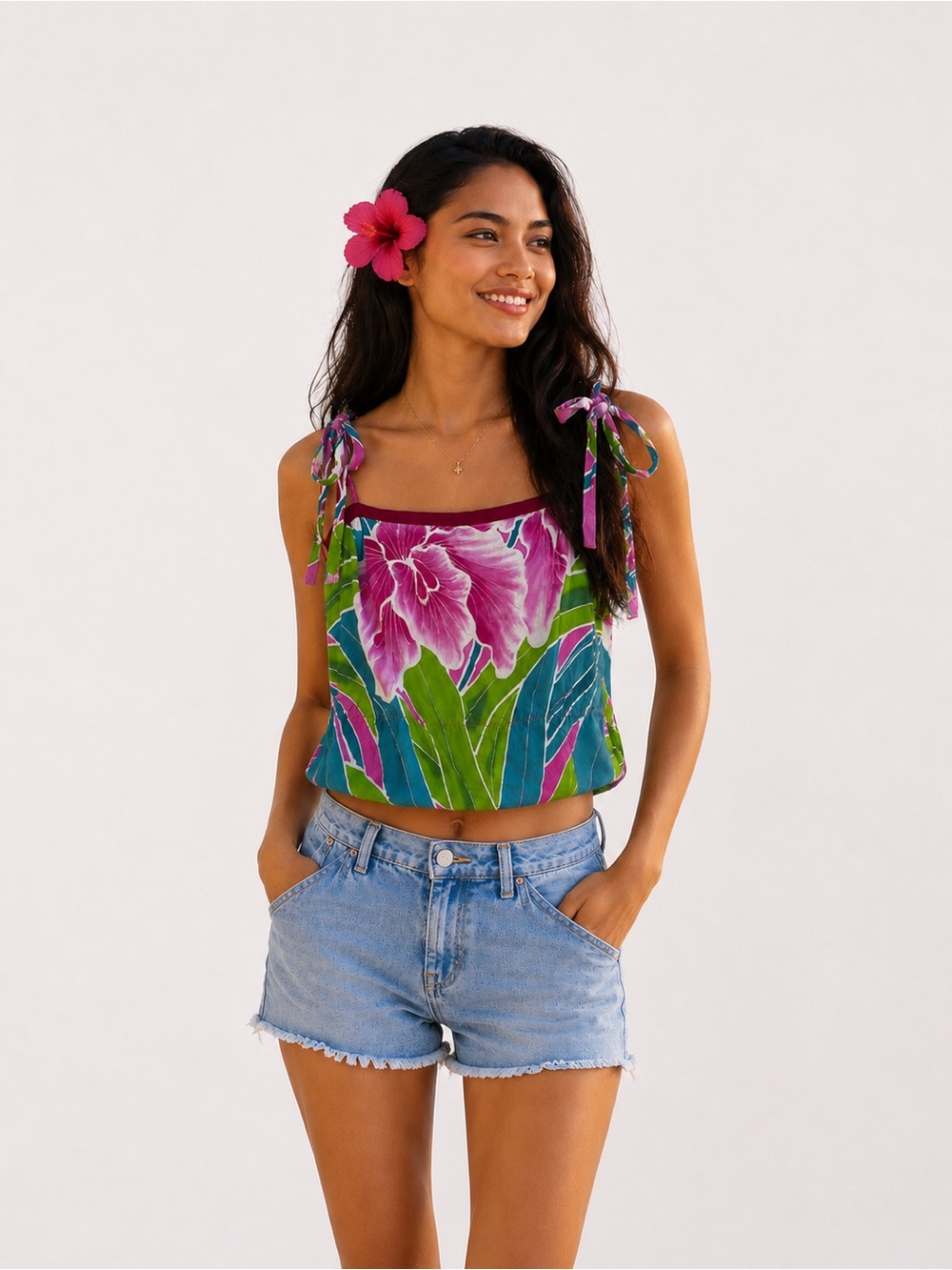 Tracy Feith Pink and Green Crop Camisole with Bustier Style
